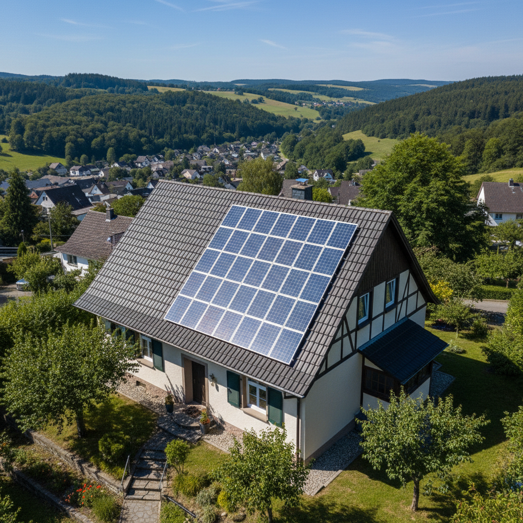 Wohnhaus mit Photovoltaikanlage auf einem Schrägdach zur statischen Bewertung der zusätzlichen Dachlasten