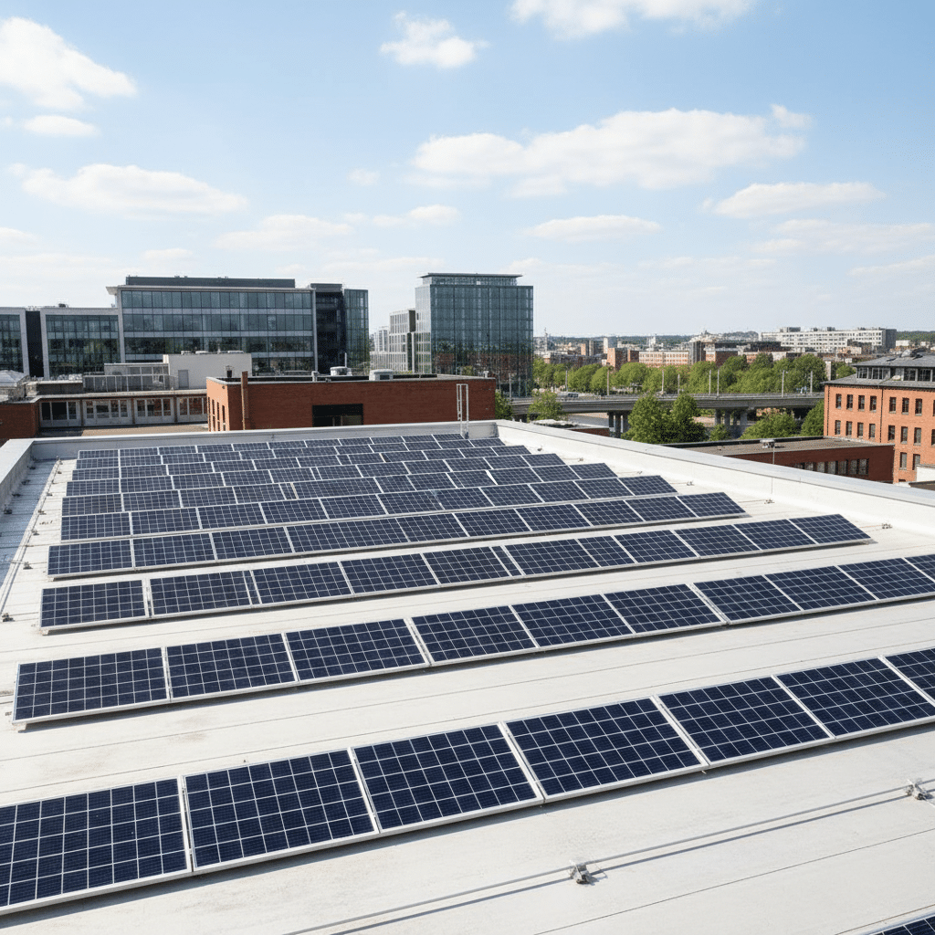 Photovoltaikanlage auf einem Flachdach mit ballastierter Unterkonstruktion zur statischen Bewertung zusätzlicher Dachlasten und Windsogkräfte