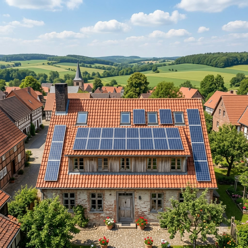 Photovoltaikanlage auf einem Dach mit Gauben, Dachfenstern und Schornstein zur Bewertung ungleichmäßiger Lastverteilungen und statischer Besonderheiten