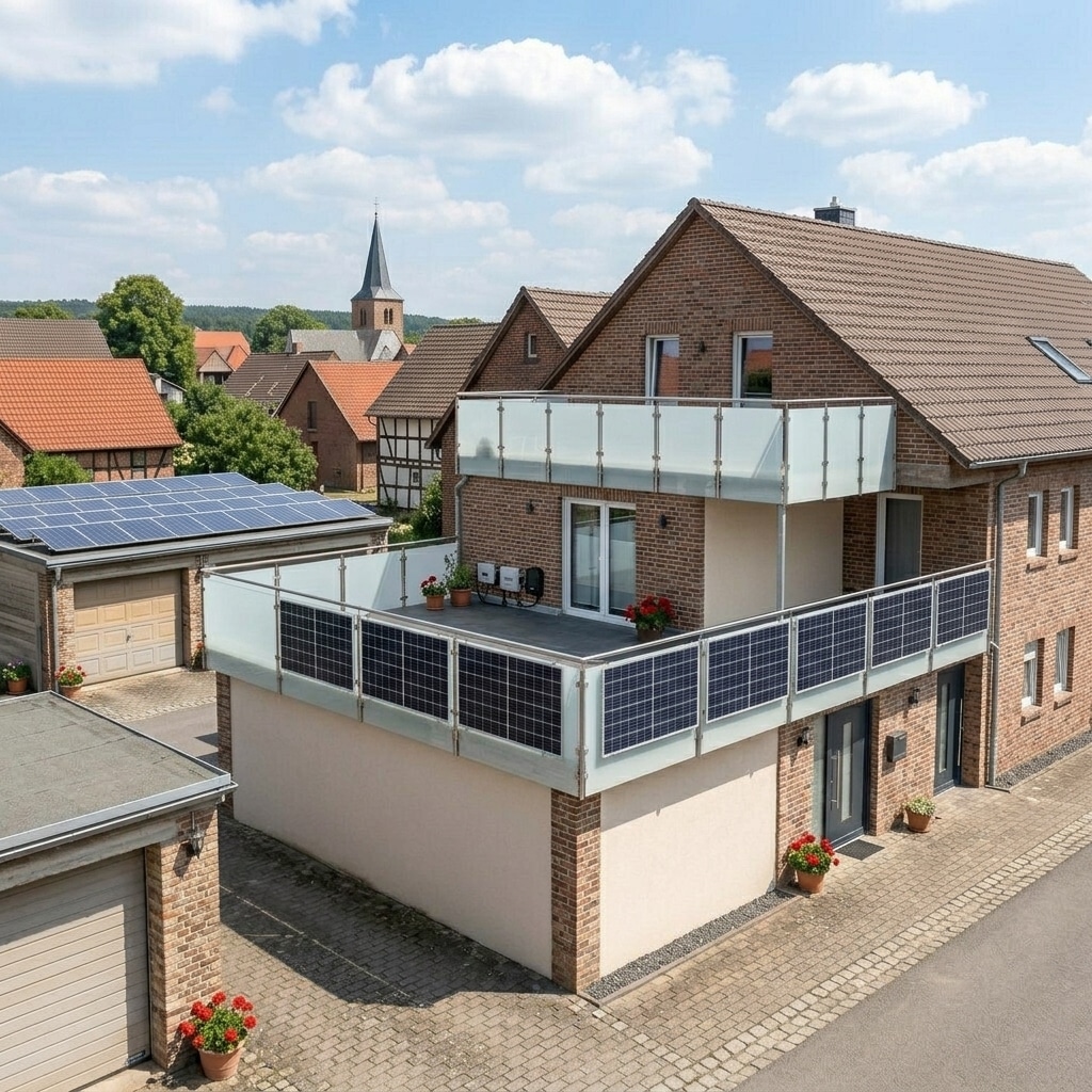 Photovoltaikmodule an einer Balkonbrüstung eines Wohngebäudes mit Fokus auf statische Prüfung der Befestigung und Windlasten